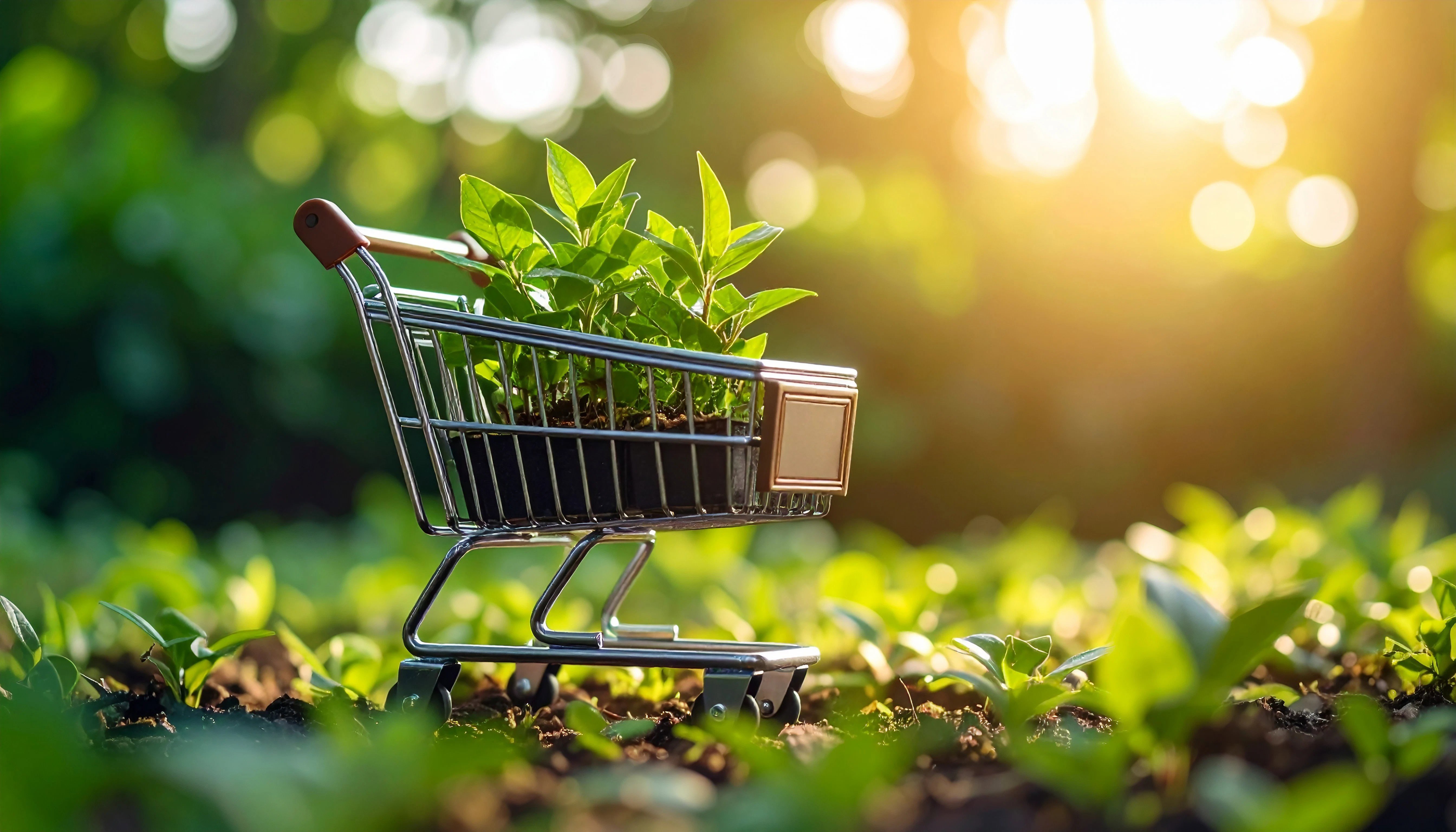 A trolley carrying plants to symbolise ethical trading.