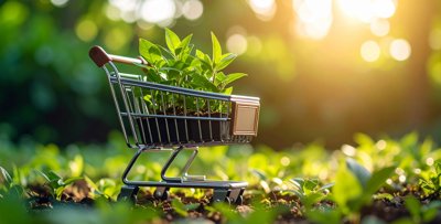 A trolley carrying plants to symbolise ethical trading.
