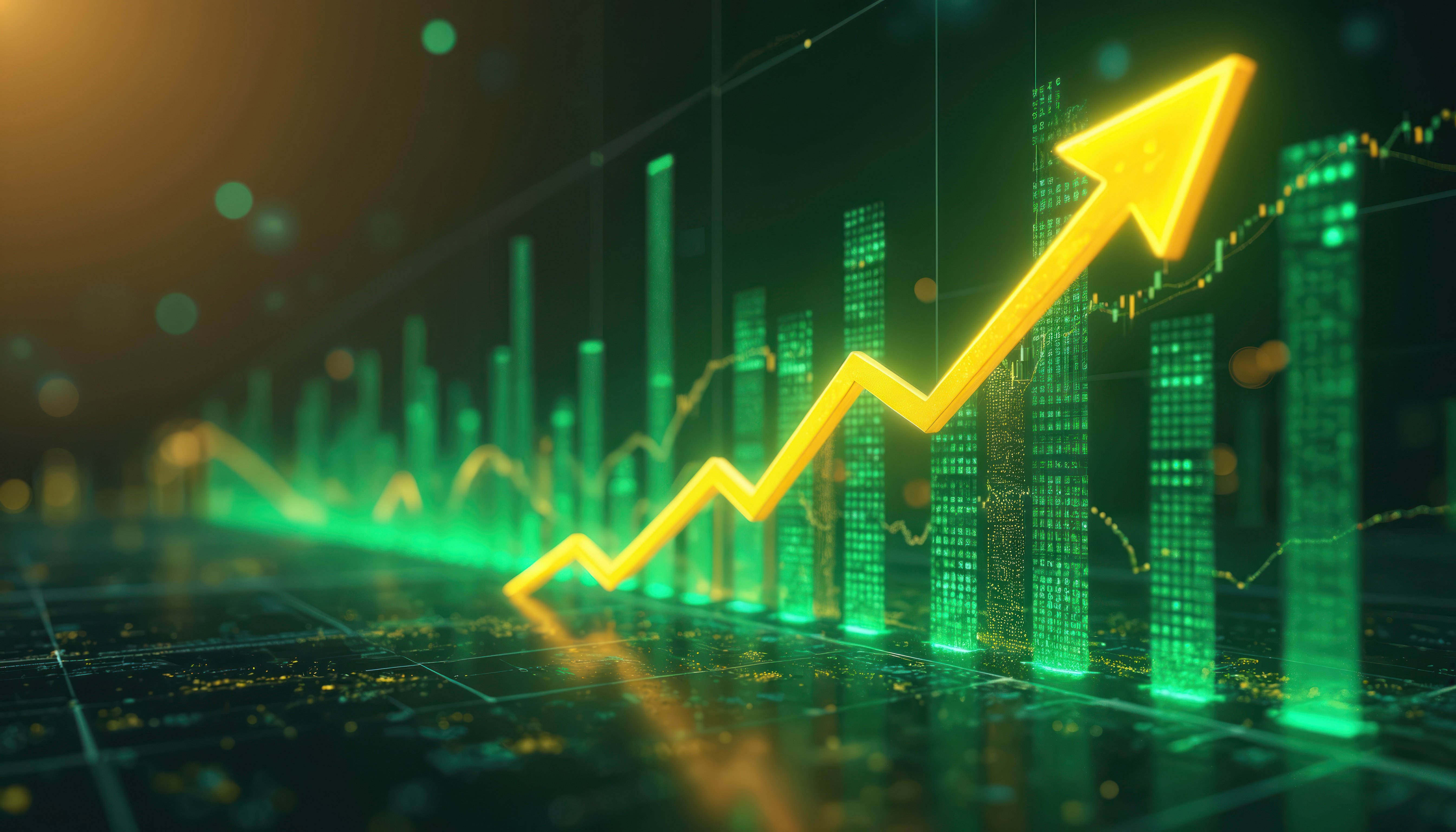 An arrow pointing up on a graph where all the bars increase in size